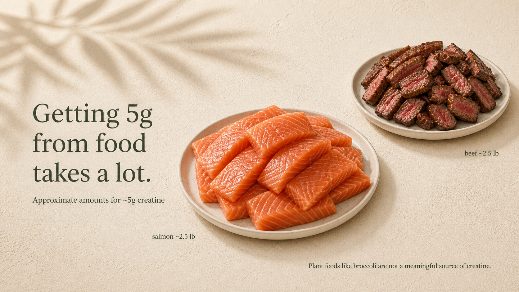 Real food comparison showing beef, salmon, and broccoli for approximately 5g creatine